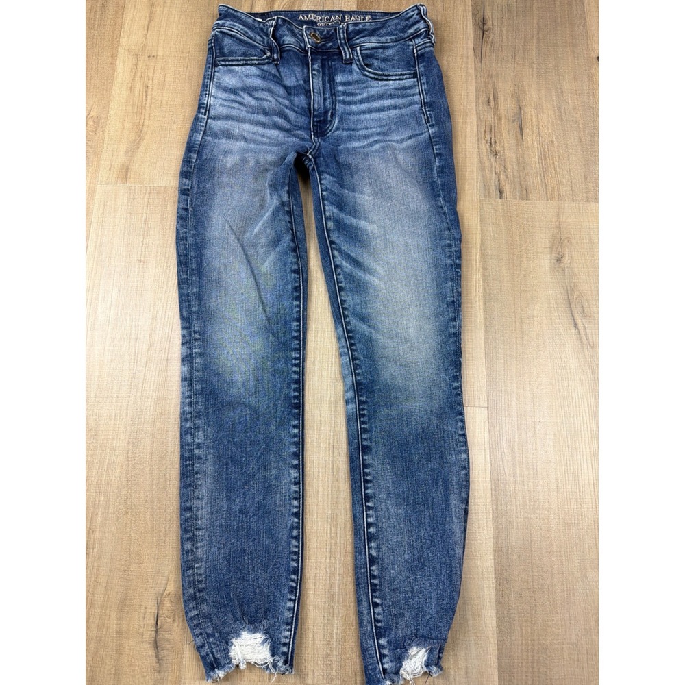 American Eagle Hi-Rise Jegging Crop Blue Distressed Skinny Jeans‎ Womens Size 4